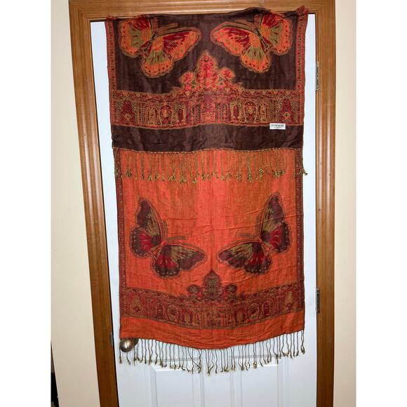 Pashmina Oversize Scarf Brown Red Orange Butterfly Floral Fringe - Picture 2 of 7